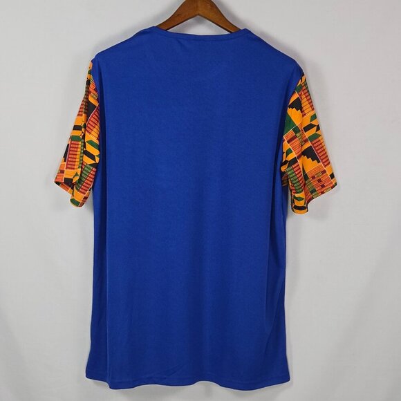 Luc Matton XL Blue Kente Cloth Dashiki Style Tee African Heritage Tribal Print - Picture 2 of 11